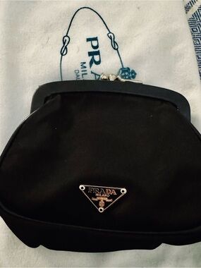 Prada Black Leather Kiss-Lock Coin Purse with Silver Hardware